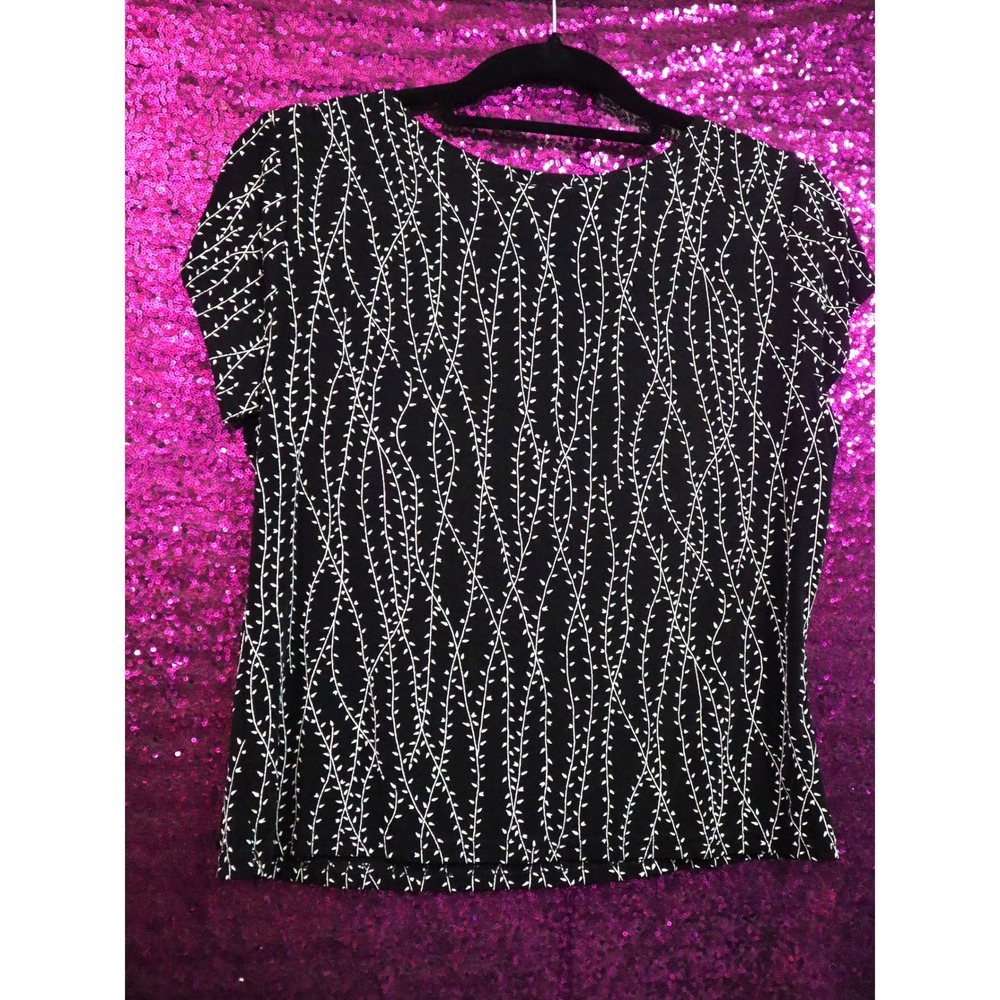Black Print Top Medium Petite Briggs Women Short Sleeve Vine Pattern 1593-N87